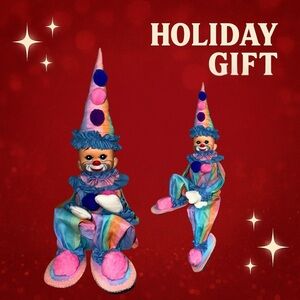 Vintage Rainbow Clown Doll | Pastel Pom Pom Pierrot | 1980s Plush & Wood Mix